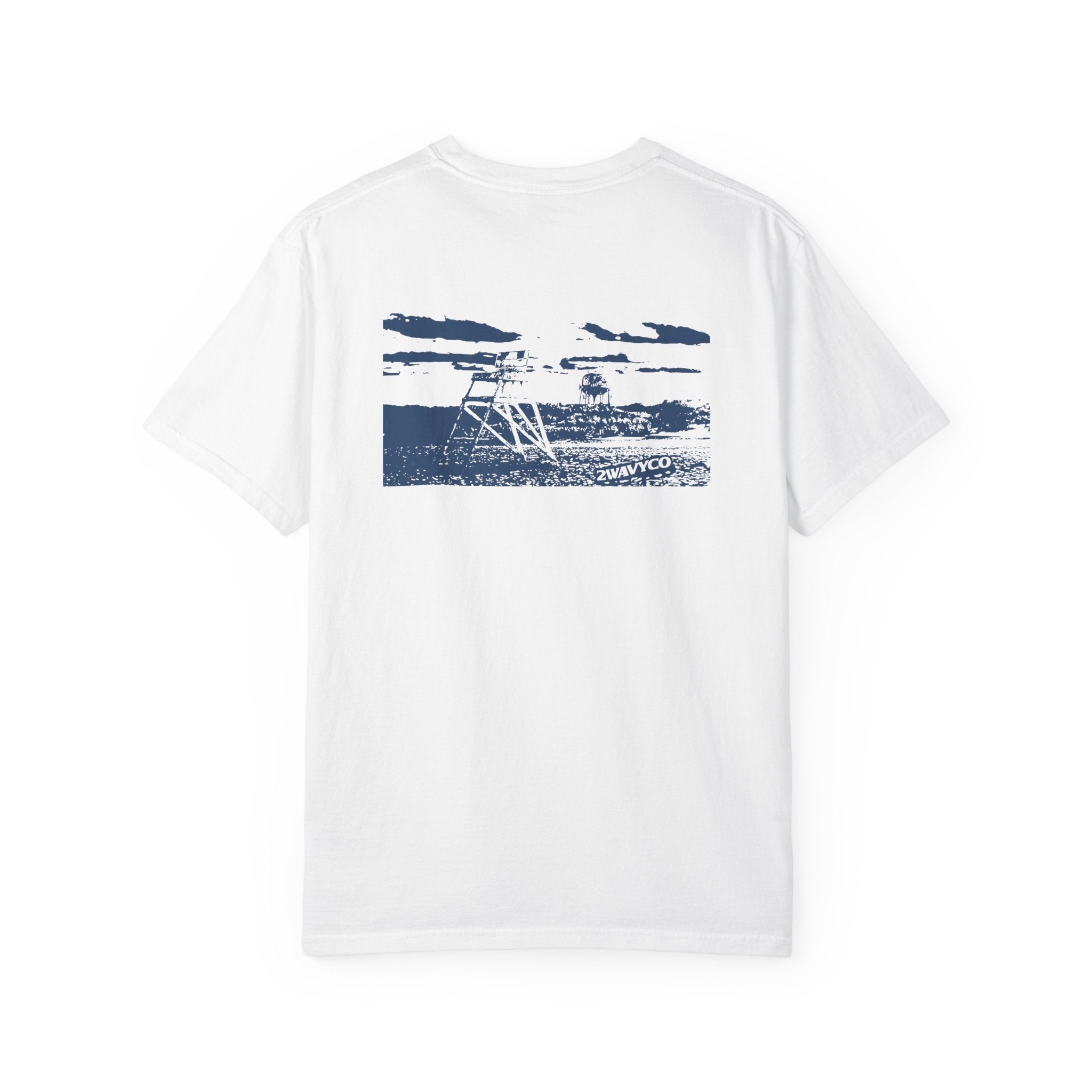 White t-shirt with blue graphic design on a white background